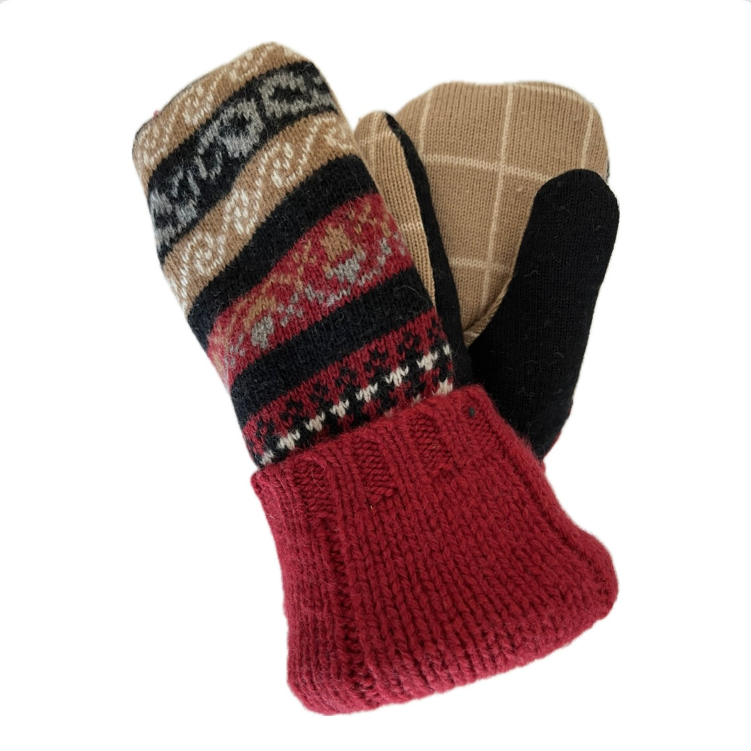 Women's Sherpa Lined Mittens - Camel, Red & Black Nordic - 602