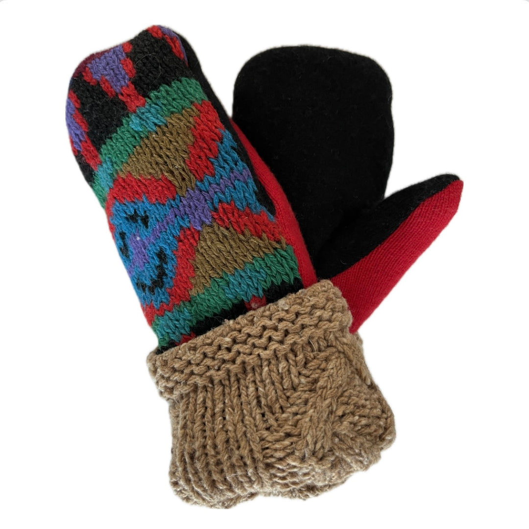 Women's Sherpa Lined Mittens - Camel, Red & Blue Pattern - 606