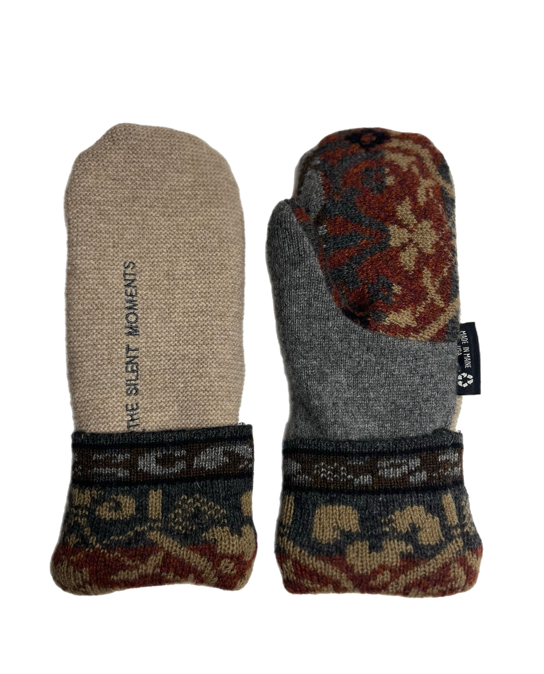 Women's Mittens - Camel with Blue & Red Pattern with Writing - 1617 M/L 
