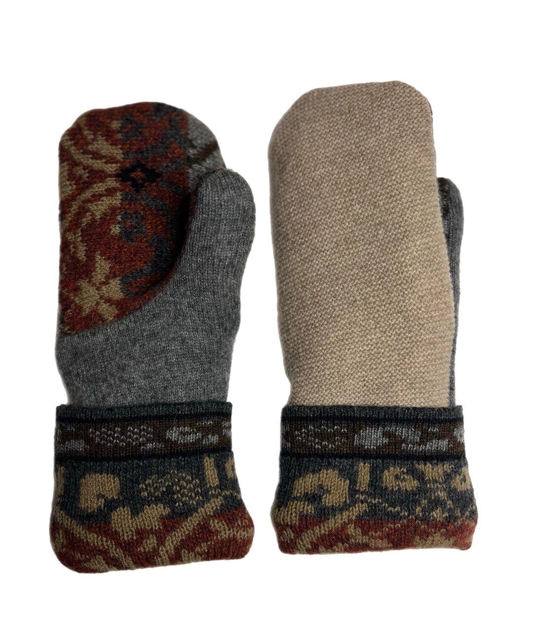 Women's Mittens - Camel with Blue & Red Pattern with Writing - 1617 M/L 