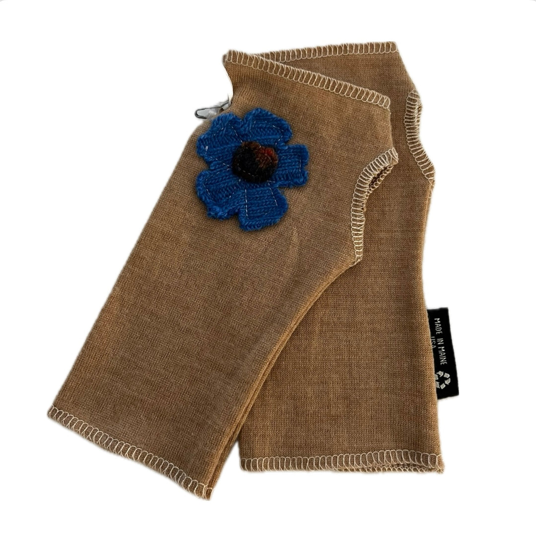 SALE Wool Short Flower Fingerless Mittens - Camel with Off Center Blue Flower - 209