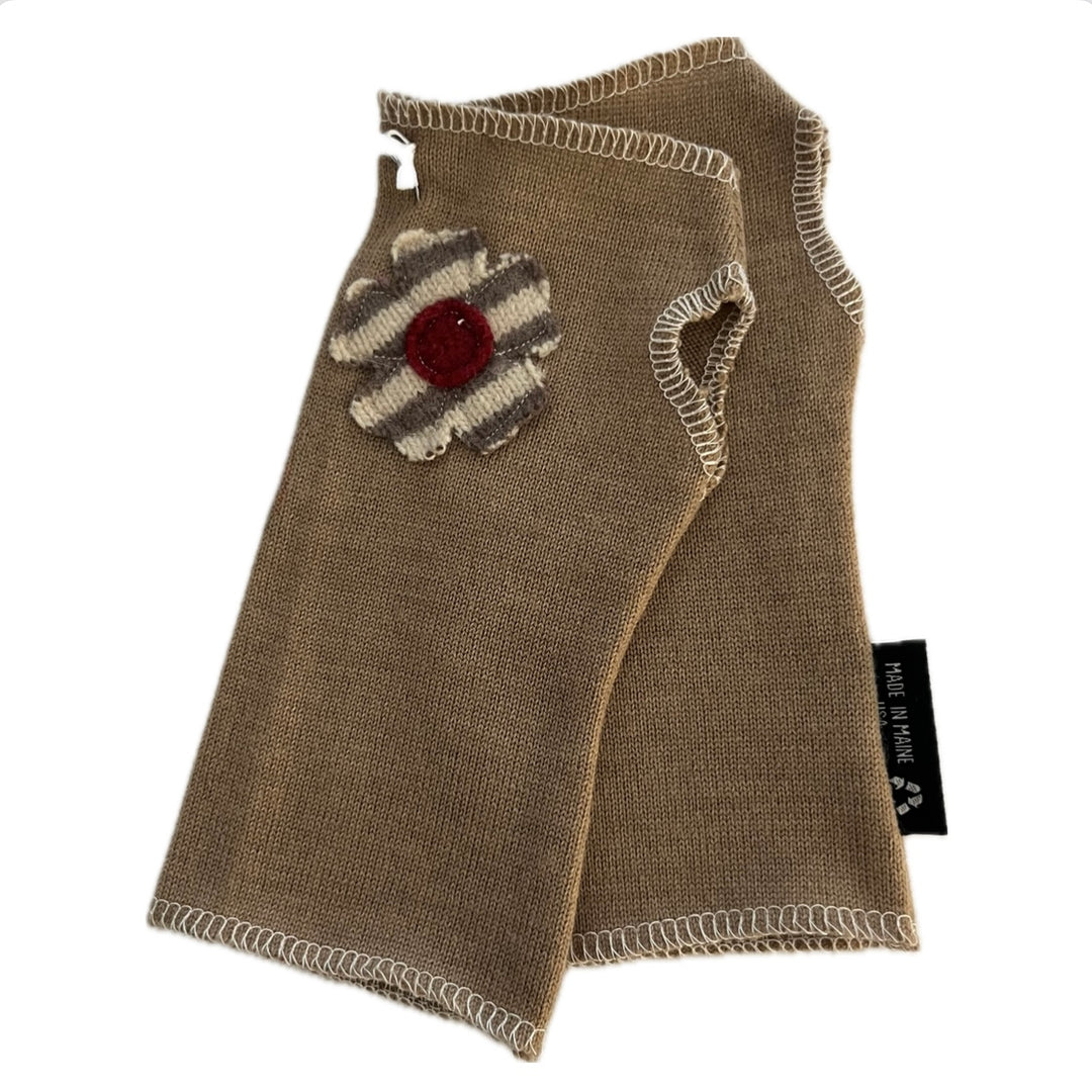 SALE Wool Short Flower Fingerless Mittens - Camel with Off Center Striped Flower  - 190