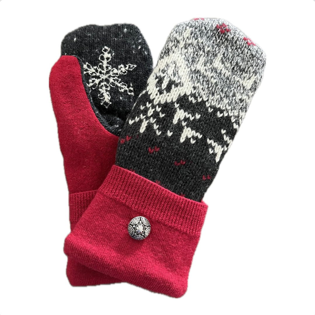 Women's Mittens - Charcoal & Red Nordic