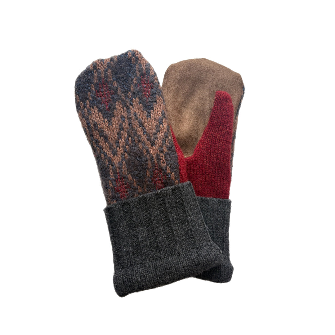 Men's Driving Mittens - Chocolate Brown & Red Pattern with Chocolate Micro-Suede Palm - 206