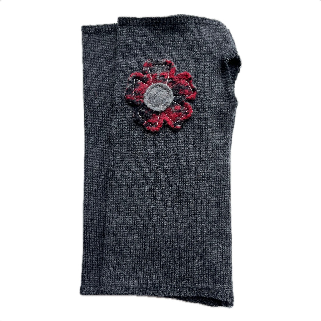 SALE Wool Short Flower Fingerless Mittens - Charcoal with Off Center Red & Black Flower - 231