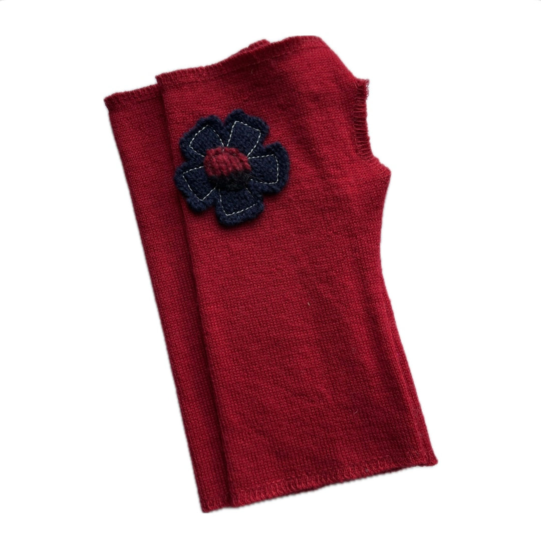 SALE Wool Short Flower Fingerless Mittens - Cherry Red with Off Center Navy Flower - 226