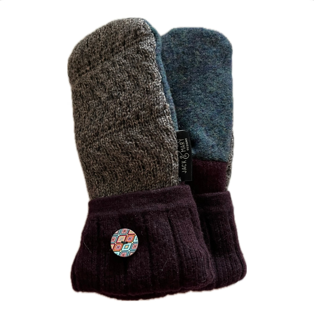 Women's Mittens Small with Buttons - Cranberry, Blue & Green - 574