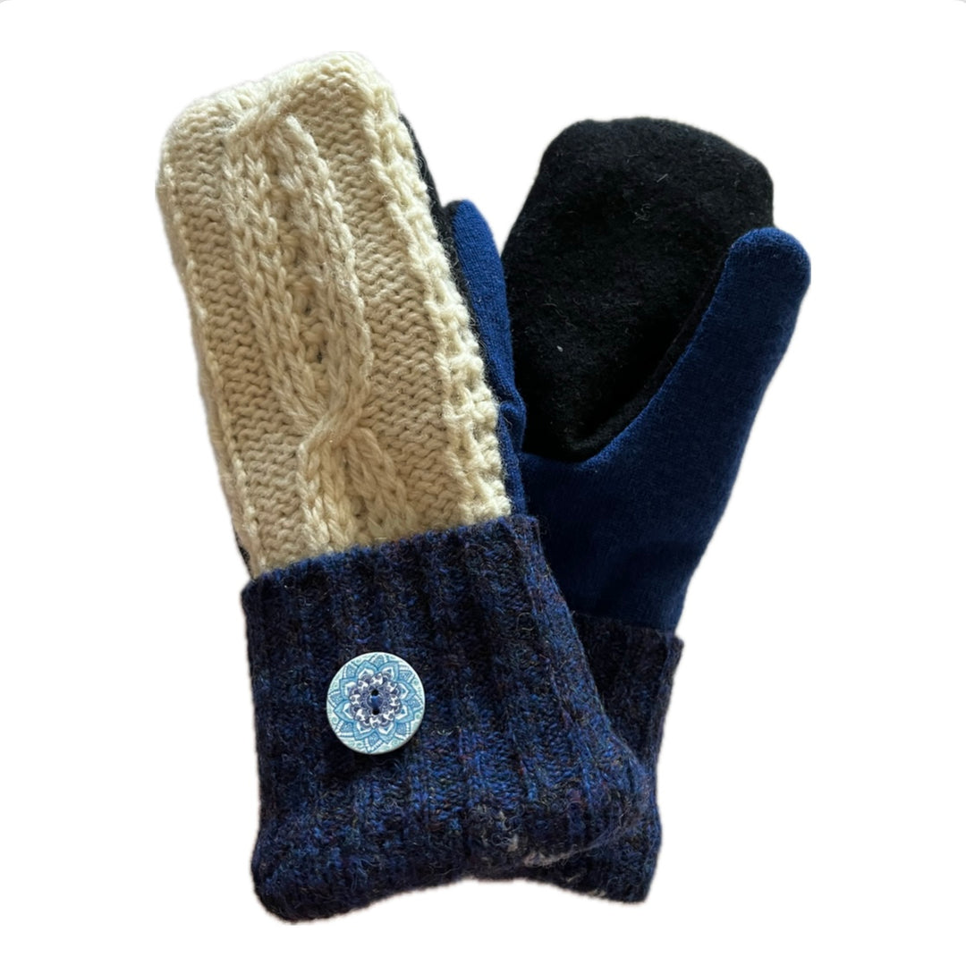 Women's Mittens - Cream & Blue with Button - 1480 M/L 