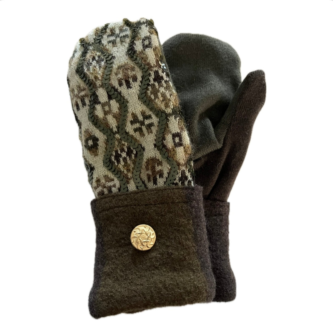 Women's Mittens - Cream & Green Nordic with Button