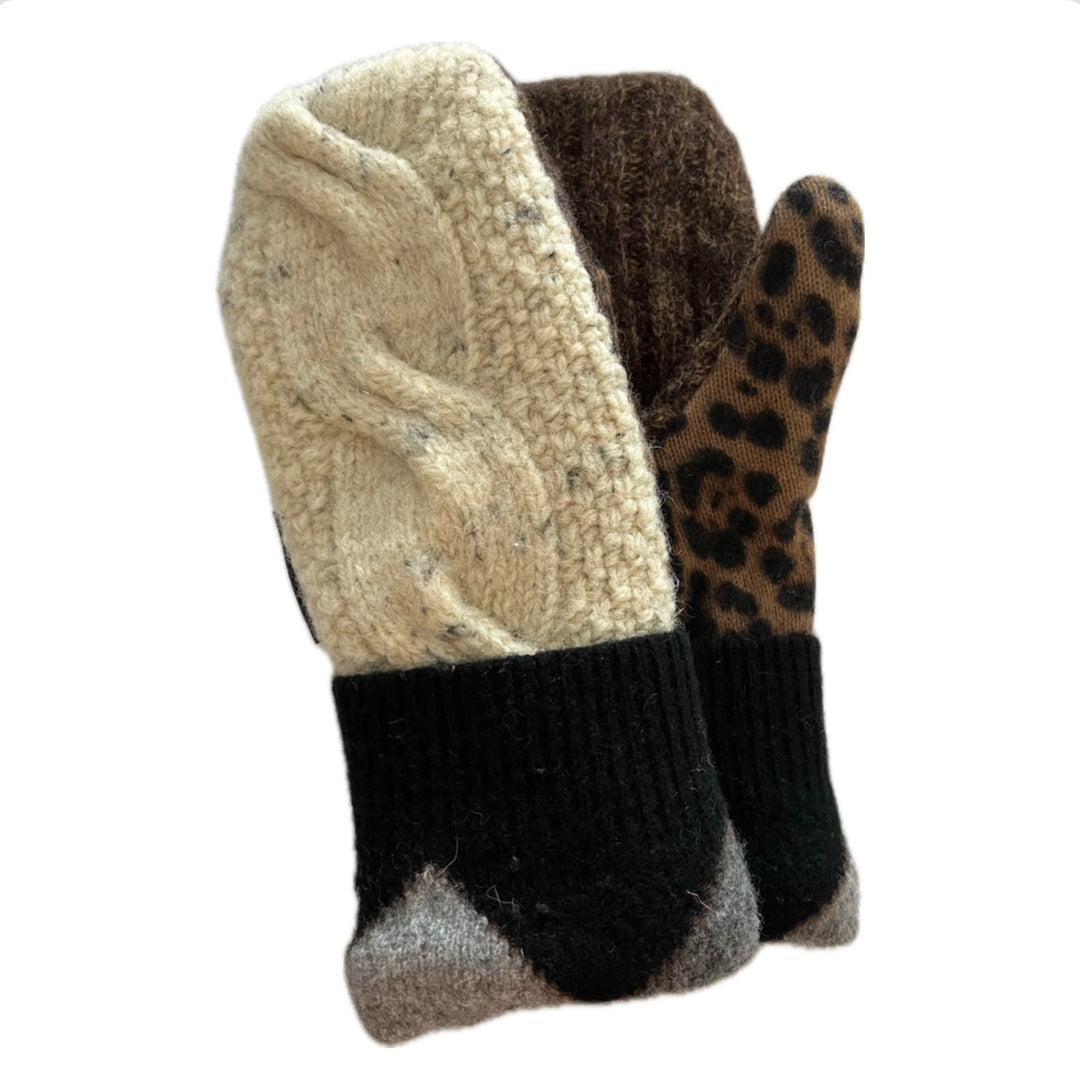 Women's Mittens - Cream Cable Knit with Cheetah Print - 1496 M/L