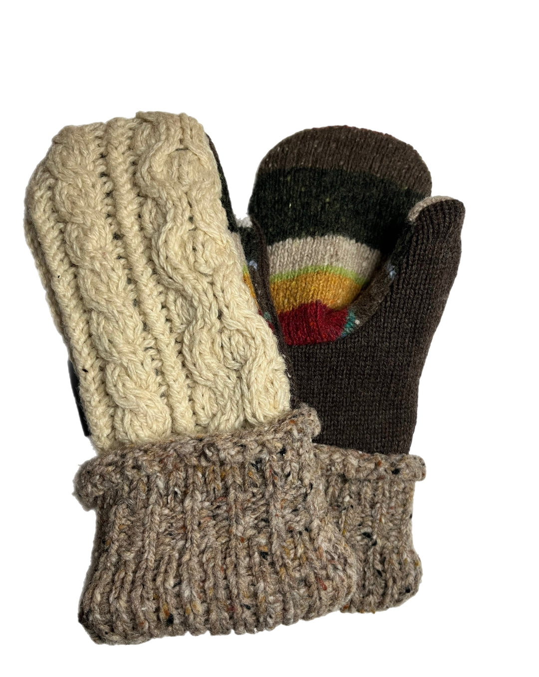 Women's Mittens - Cream Cable Knit with Heather Beige & Striped Pattern - 1618 M/L 
