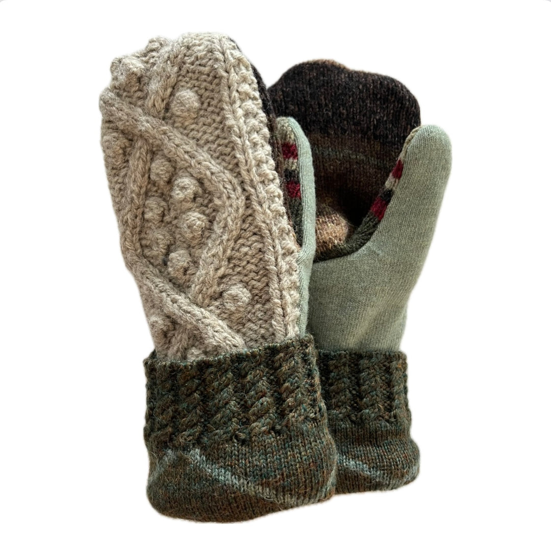 Women's Mittens - Cream Cable Knit with Shades of Green - 1499 M/L