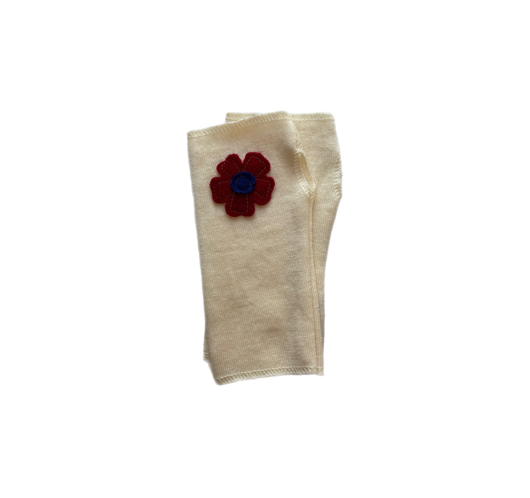 Short Fingerless Mittens - Cream with Red Flower - 300