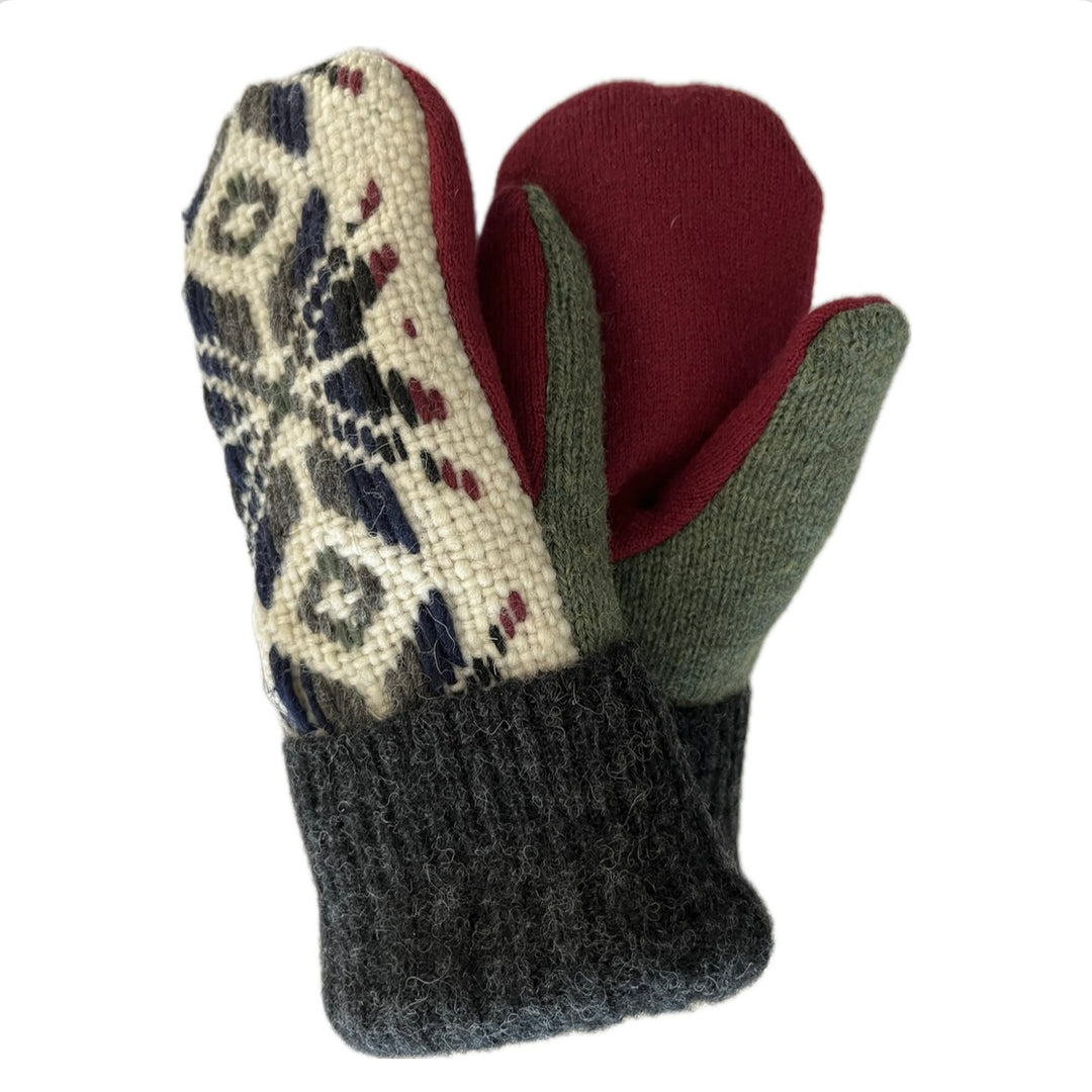 Women's Sherpa Lined Mittens - Cream with Charcoal & Red Nordic - 612