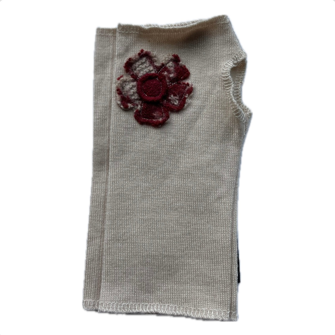SALE Wool Short Flower Fingerless Mittens - Cream with Off Center Red & Cream Flower - 228