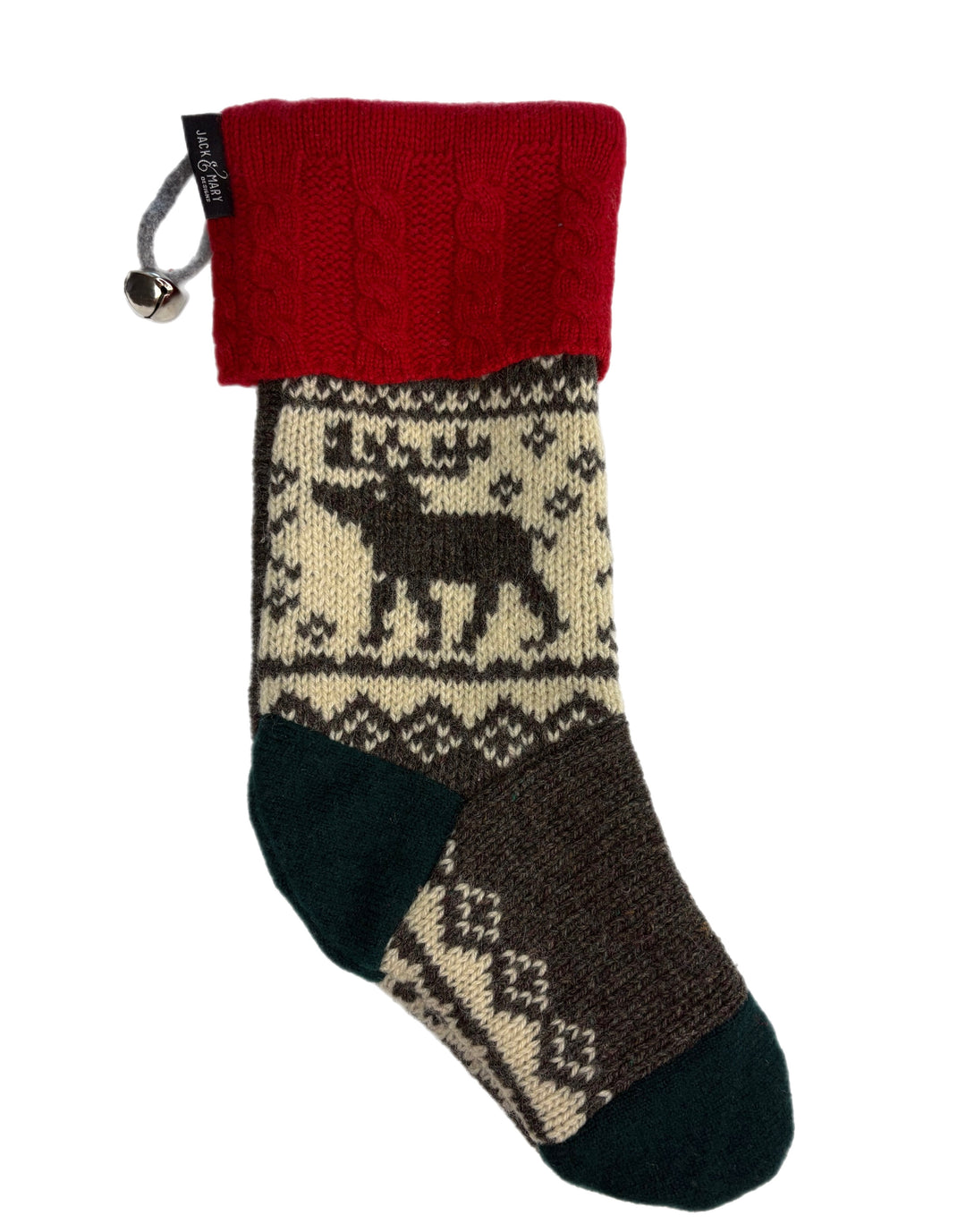 Christmas Stocking - Green, Red & Dark Brown & Cream Nordic with Moose - 079