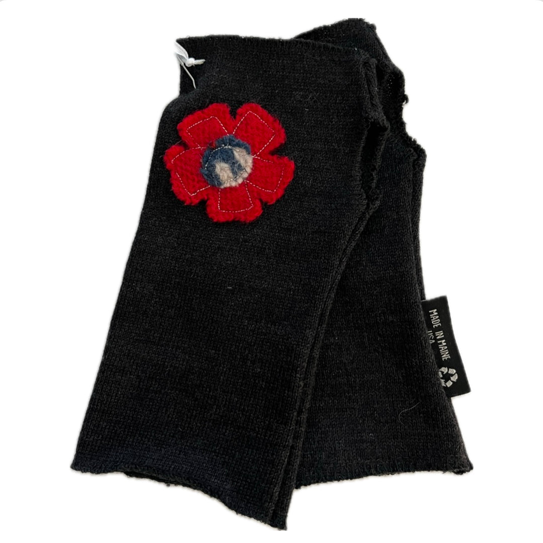 SALE Wool Short Flower Fingerless Mittens - Dark Grey with Off Center Red Flower  - 196