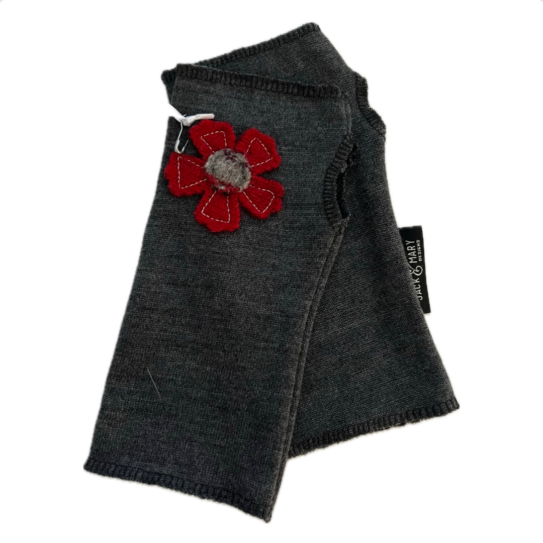 SALE Wool Short Flower Fingerless Mittens - Dark Grey with Off Center Rust Flower  - 203