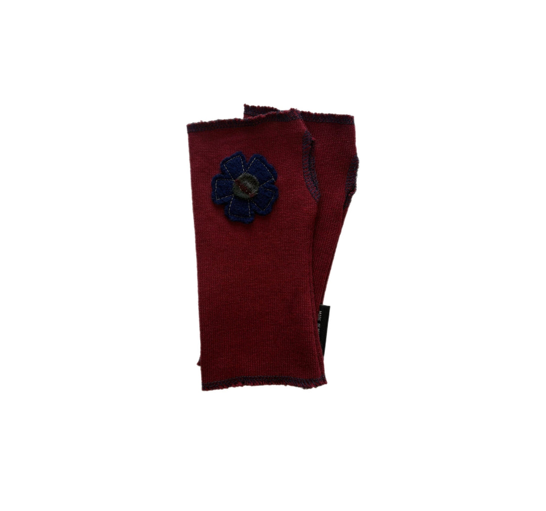 Short Fingerless Mittens - Dark Red with Navy Flower - 301