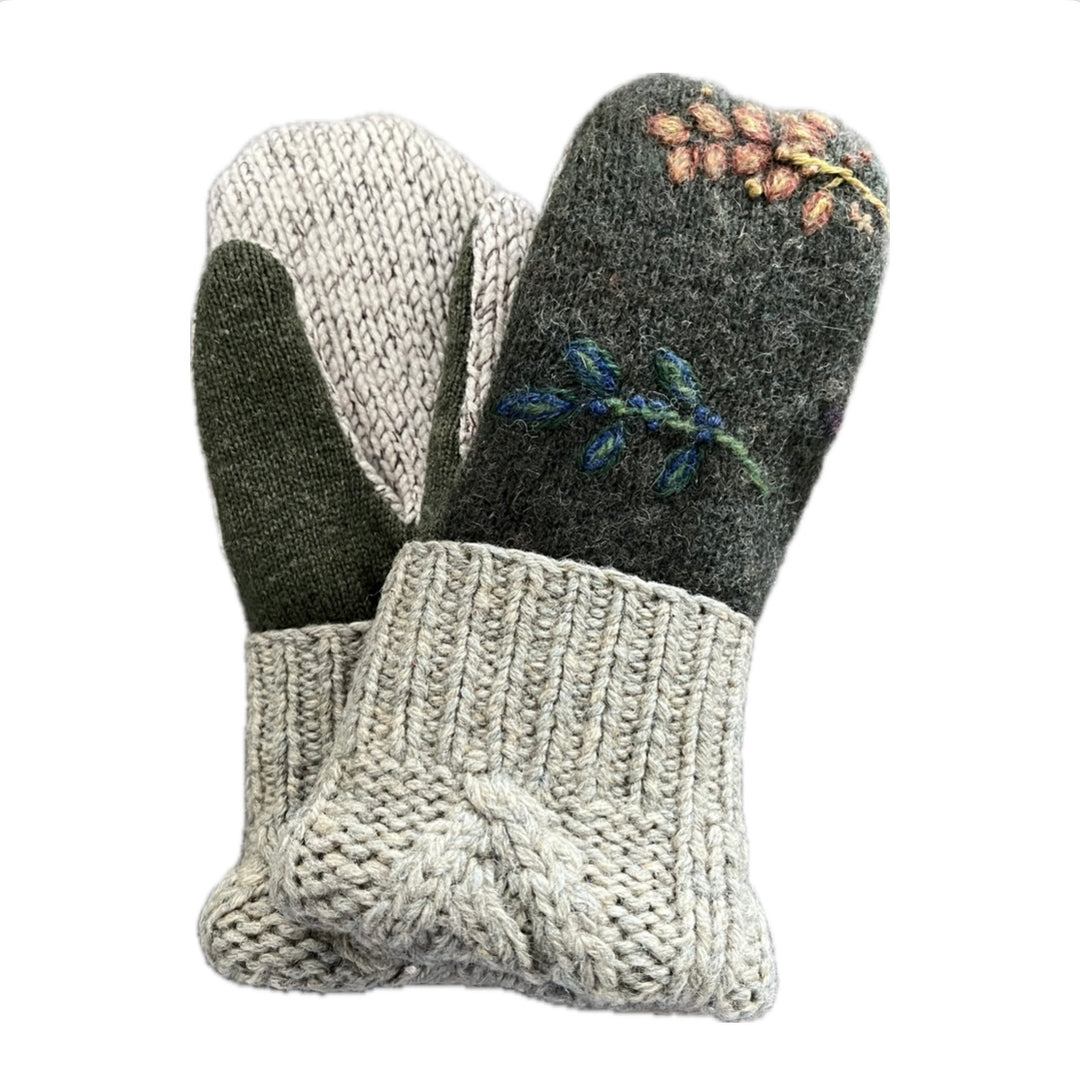 Women's Mittens - Deep Green & Flowers - 1419