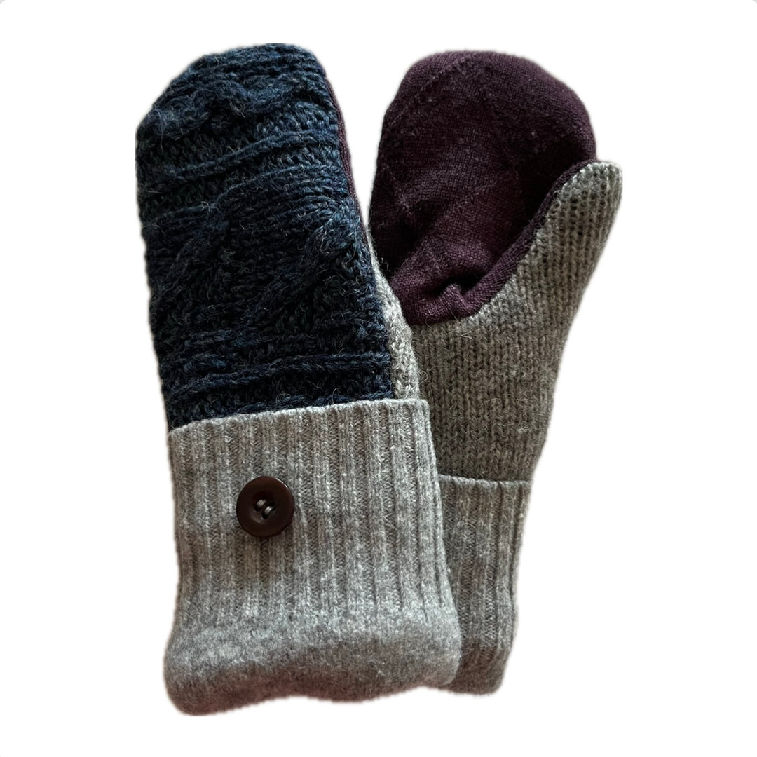 Women's Mittens Small with Buttons - Denim, Grey & Maroon - 577