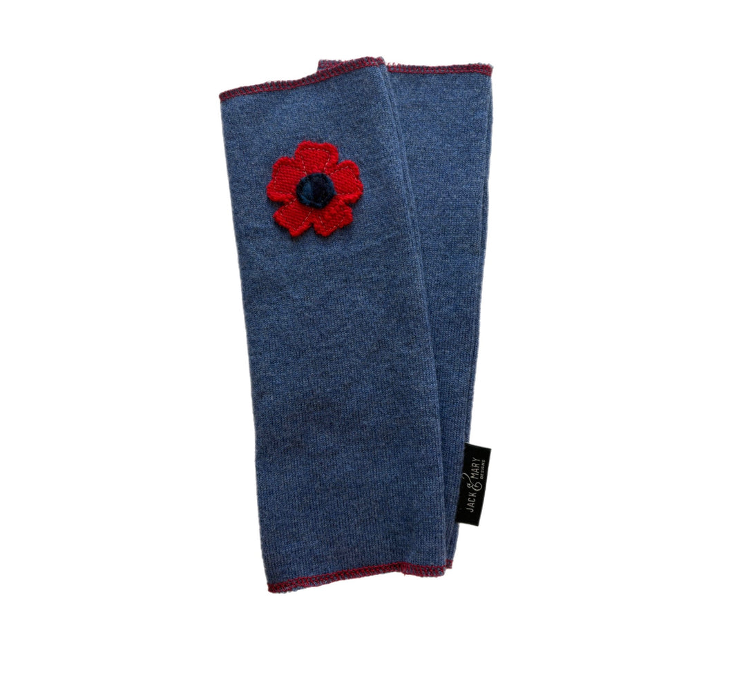 Long Fingerless Mittens - Denim with Red Flower - 156