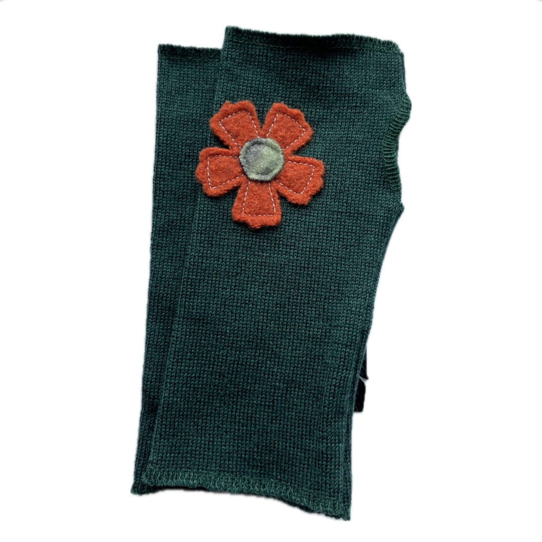 SALE Wool Short Flower Fingerless Mittens - Forest Green with Off Center Orange Flower - 232