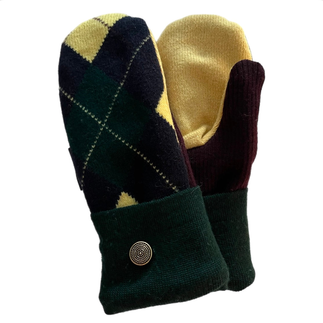 Women's Mittens - Forest Green, Yellow & Maroon Argyle with Button - 1501 M/L