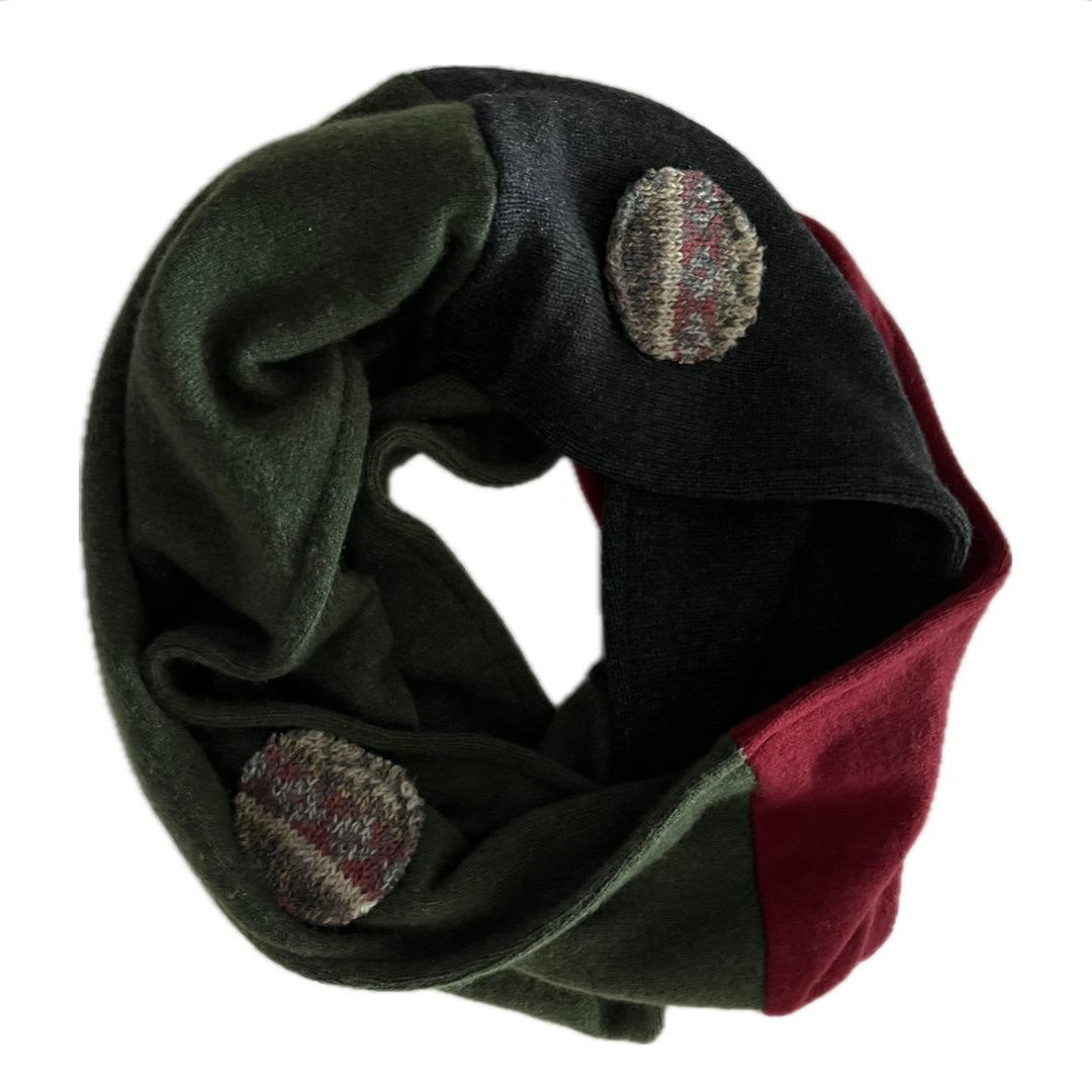 Cashmere Circle Scarf Green, Charcoal & Red with Spots 232