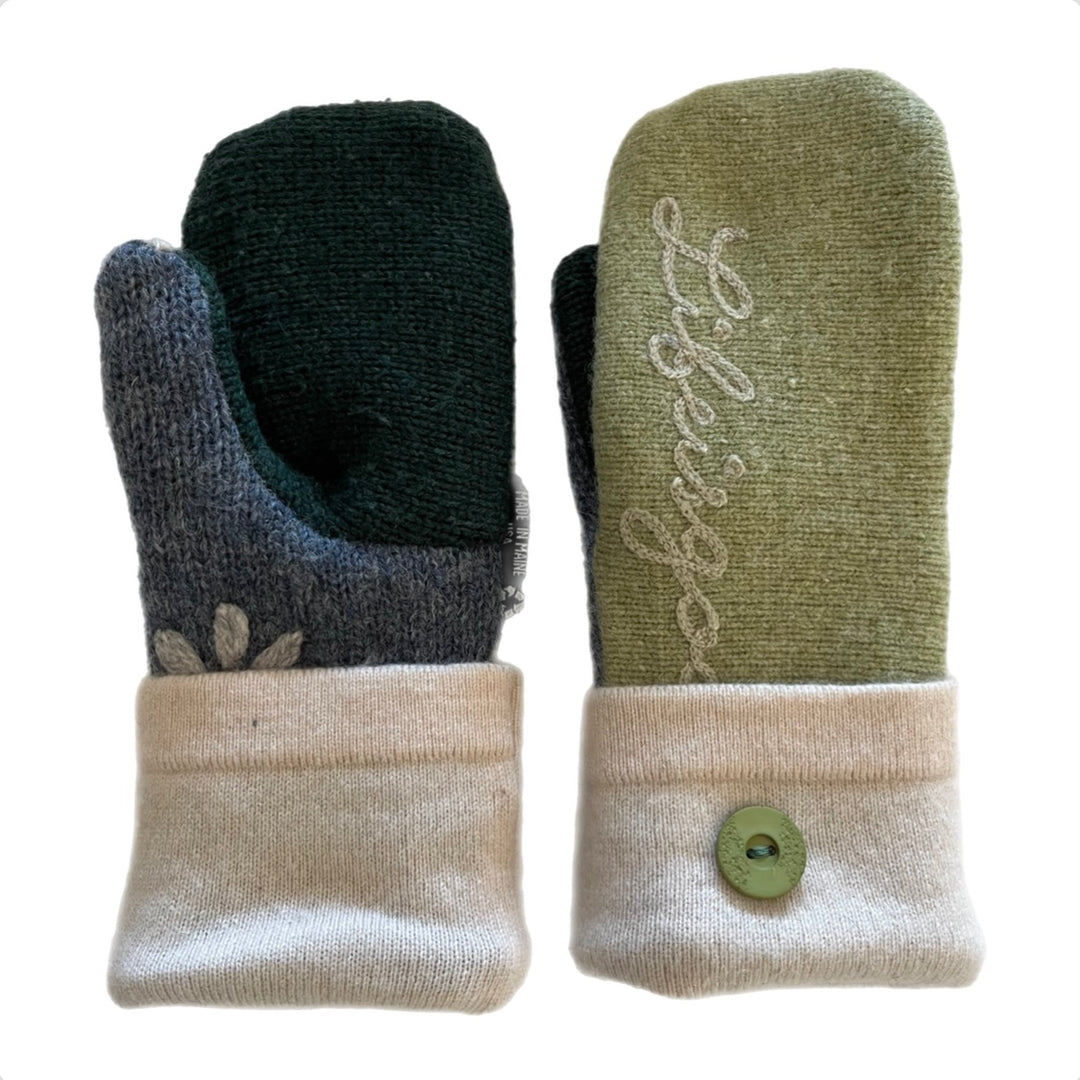 Women's Mittens Petite with Buttons - Green, Cream & Blue - 584