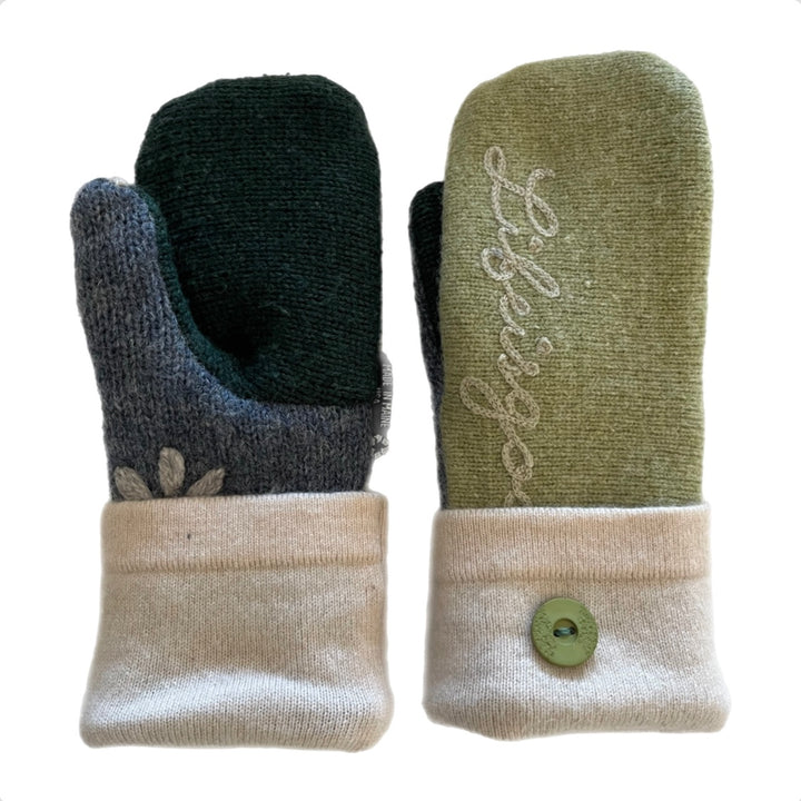 Women's Mittens Petite with Buttons - Green, Cream & Blue - 584