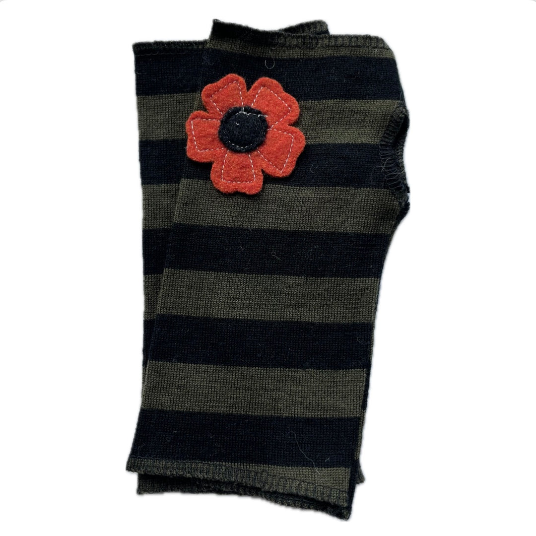 SALE Wool Short Flower Fingerless Mittens - Green & Black Stripe with Off Center Orange Flower - 221