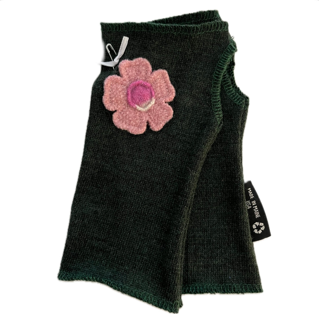 SALE Wool Short Flower Fingerless Mittens - Green with Off Center Dusty Rose Flower  - 193