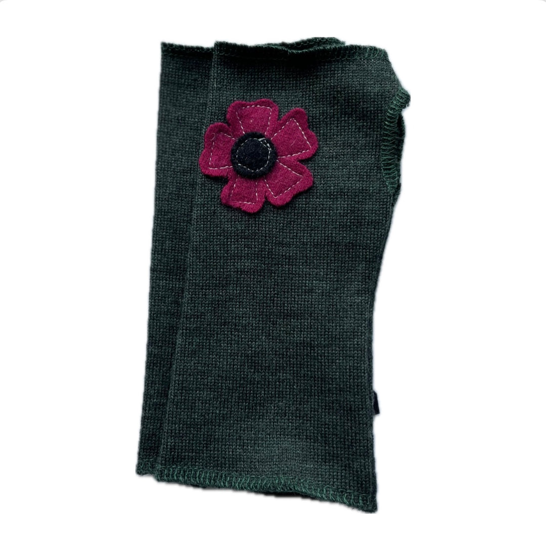 SALE Wool Short Flower Fingerless Mittens - Green with Off Center Magenta Flower - 225