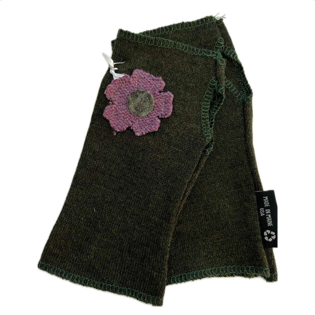 SALE Wool Short Flower Fingerless Mittens - Green with Off Center Purple Flower - 213