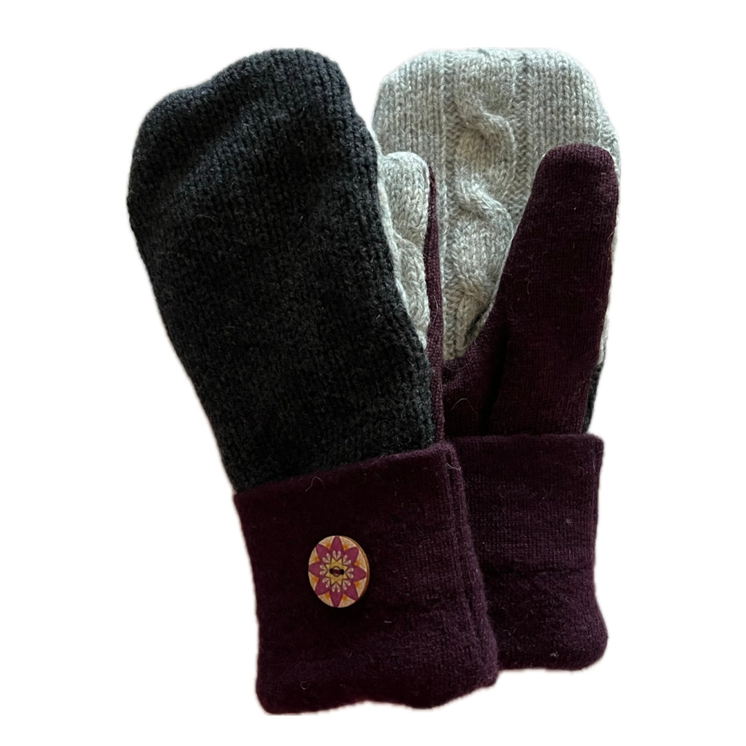 Women's Mittens - Grey & Cranberry with Button - 1469 M/L 