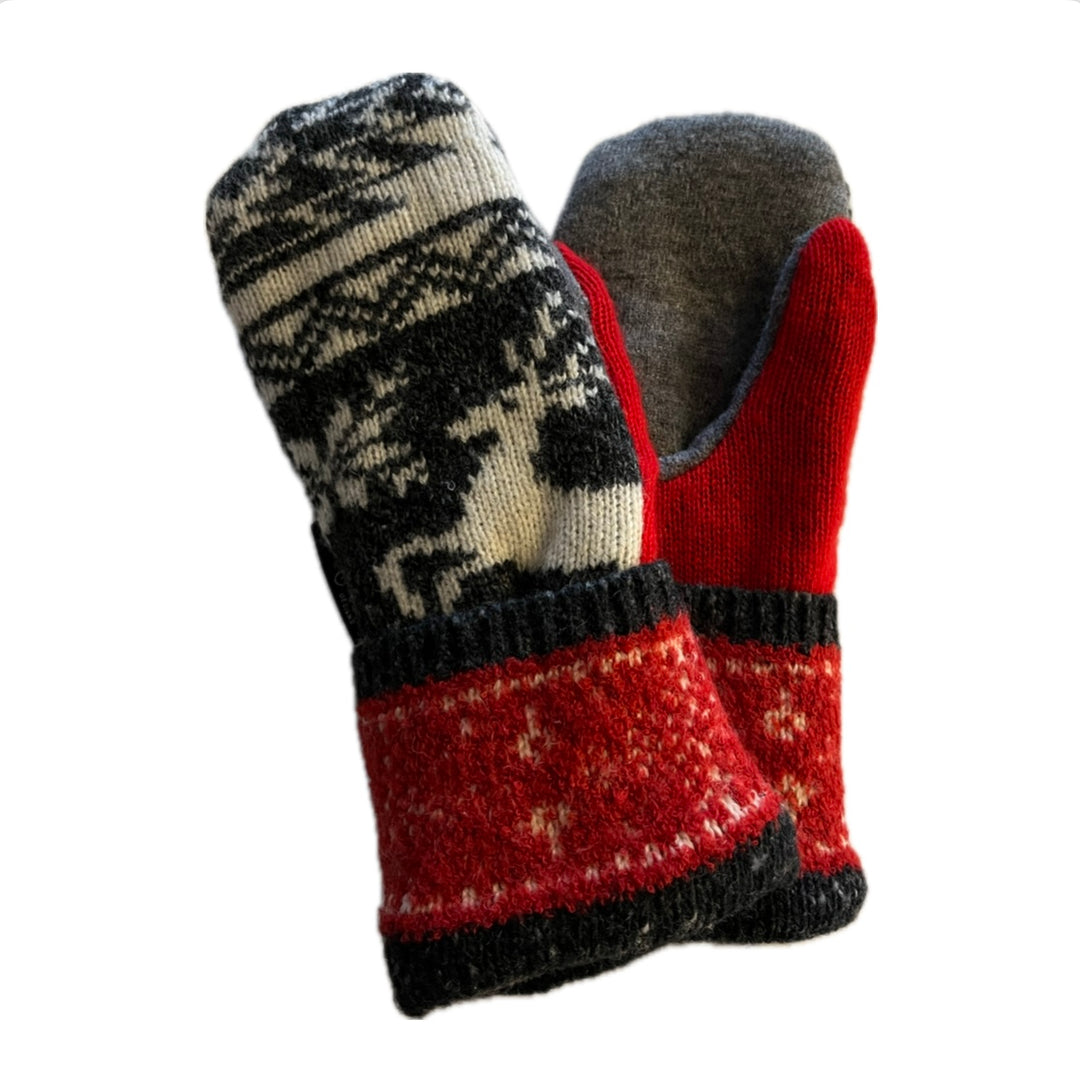 Women's Mittens - Grey & Red Nordic