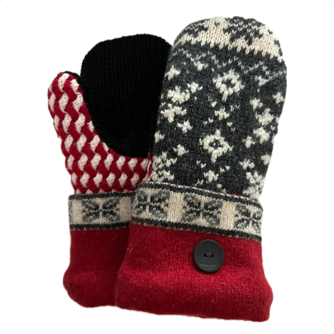 Women's Mittens Petite with Buttons - Grey & White Nordic with Red - 578