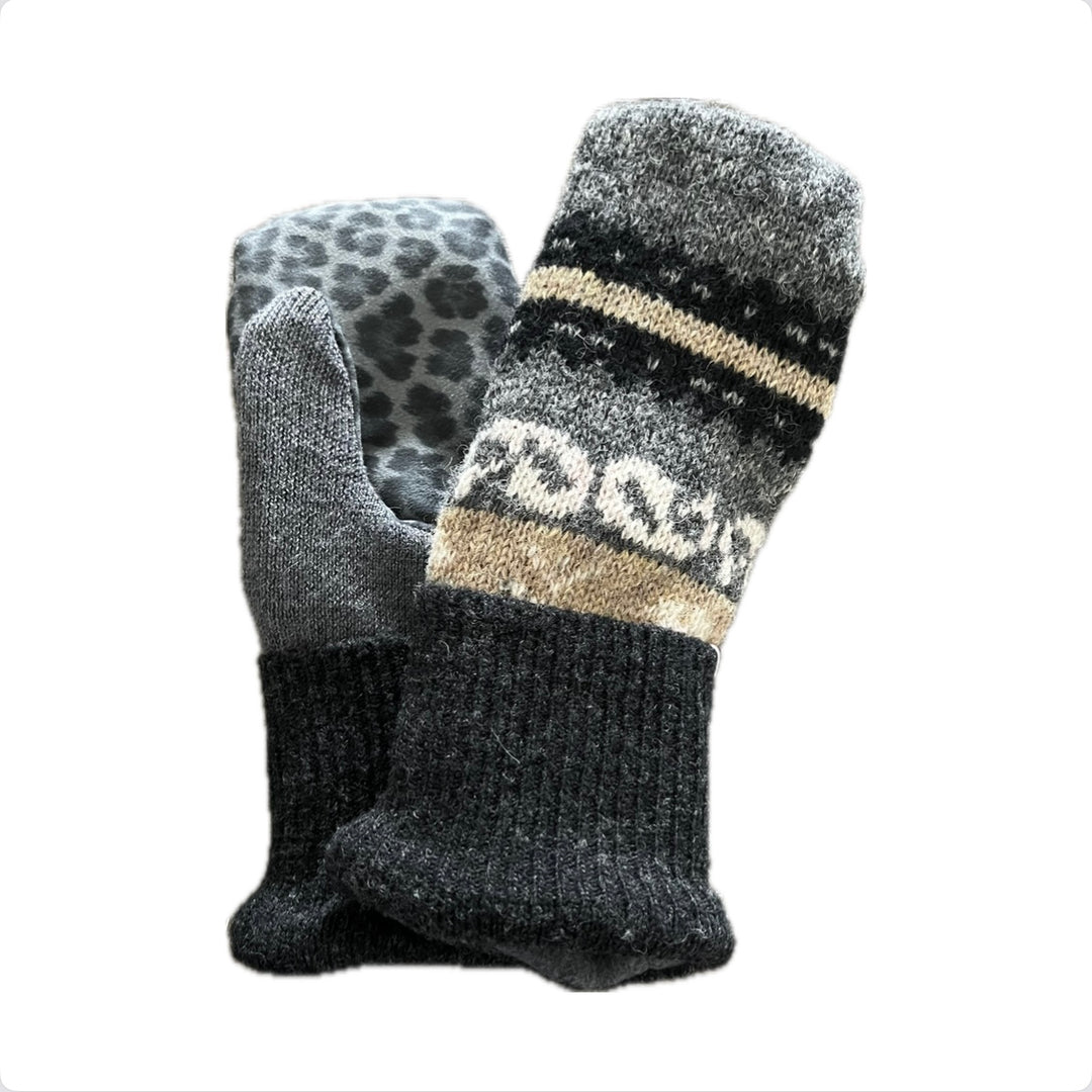 Women's Driving Mittens - Grey Nordic with Cheetah Print Micro-Suede Palm