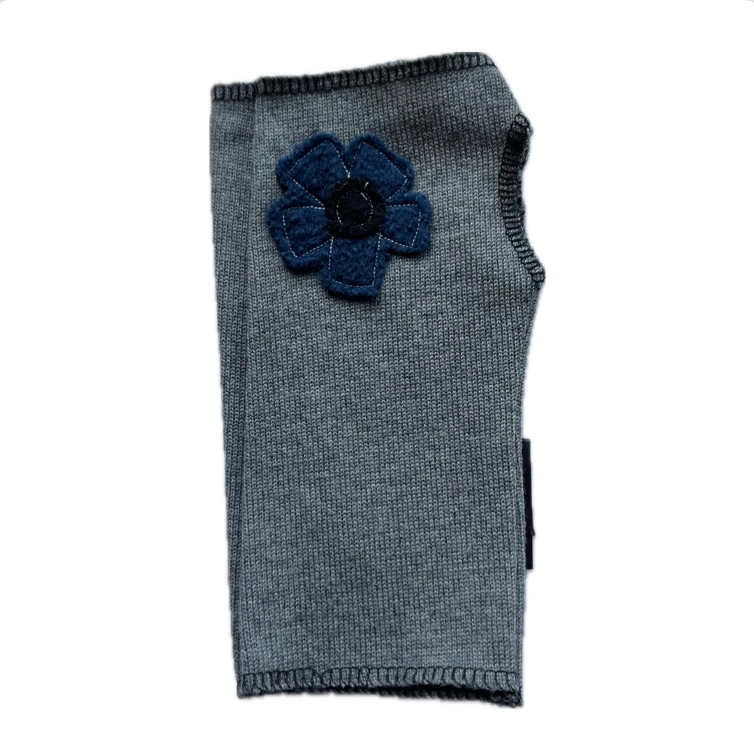 SALE Wool Short Flower Fingerless Mittens - Grey with Off Center Blue Flower - 224
