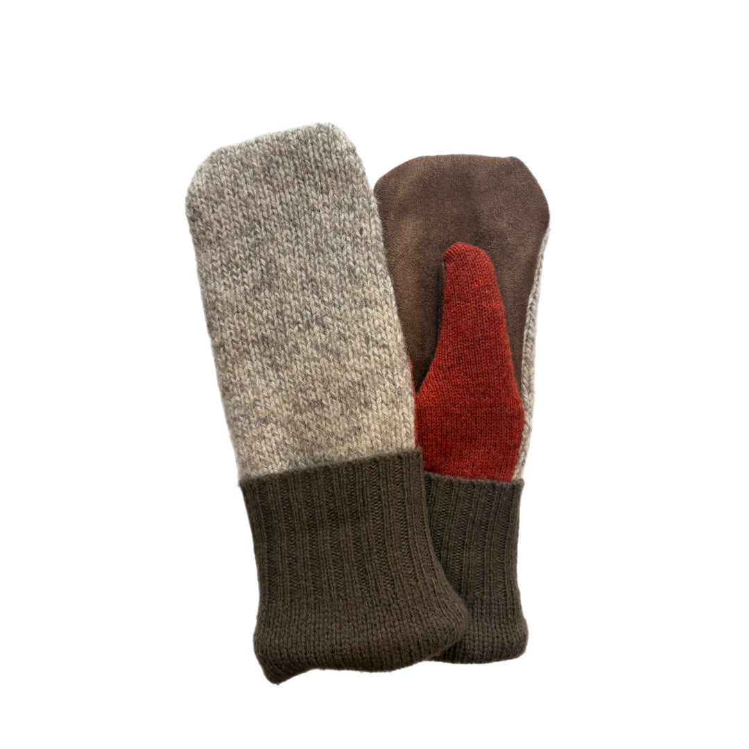 Men's Driving Mittens - Heather Beige & Burnt Orange with Chocolate Micro-Suede Palm - 203