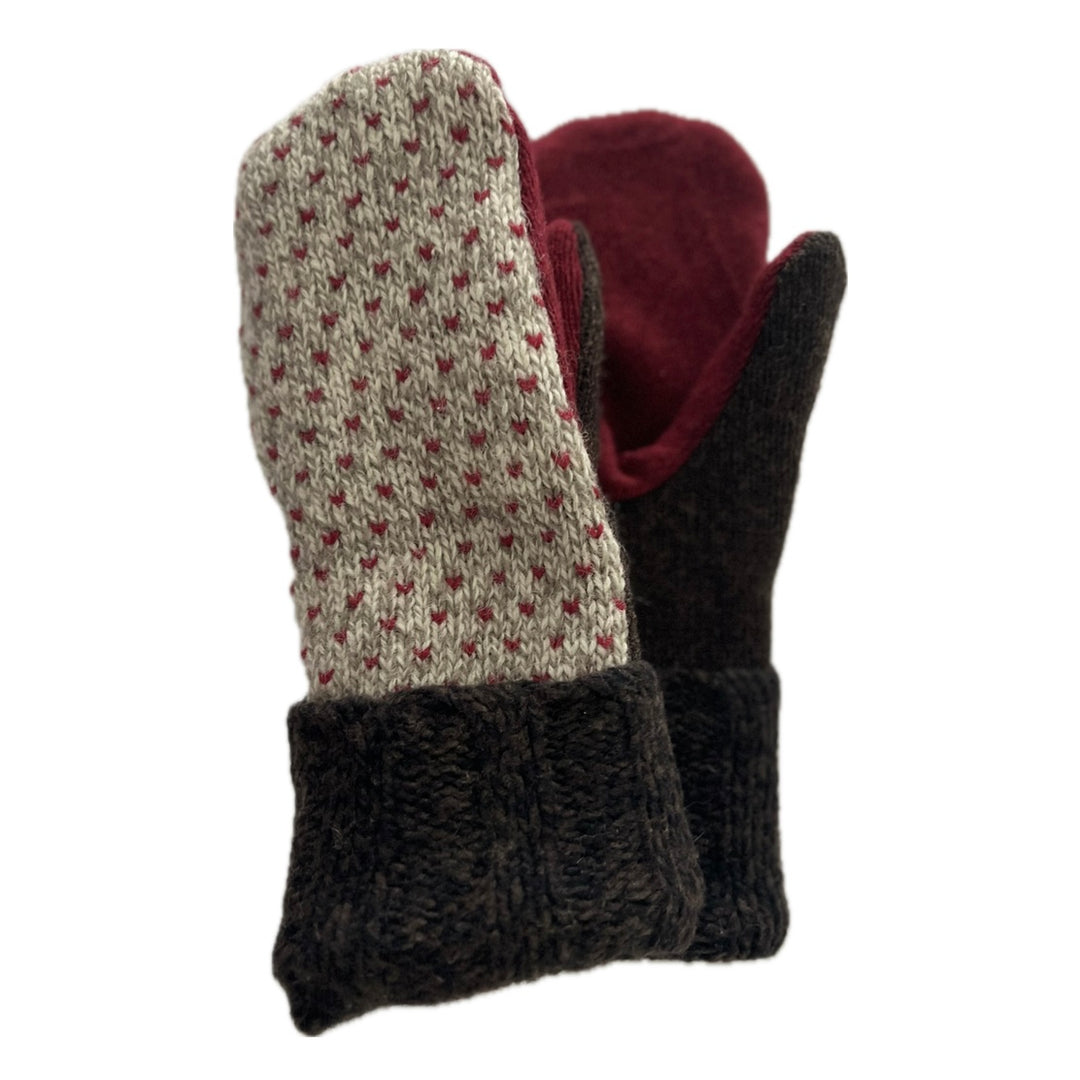 Men's Mittens - Heather Beige & Red Pattern with Brown - 369