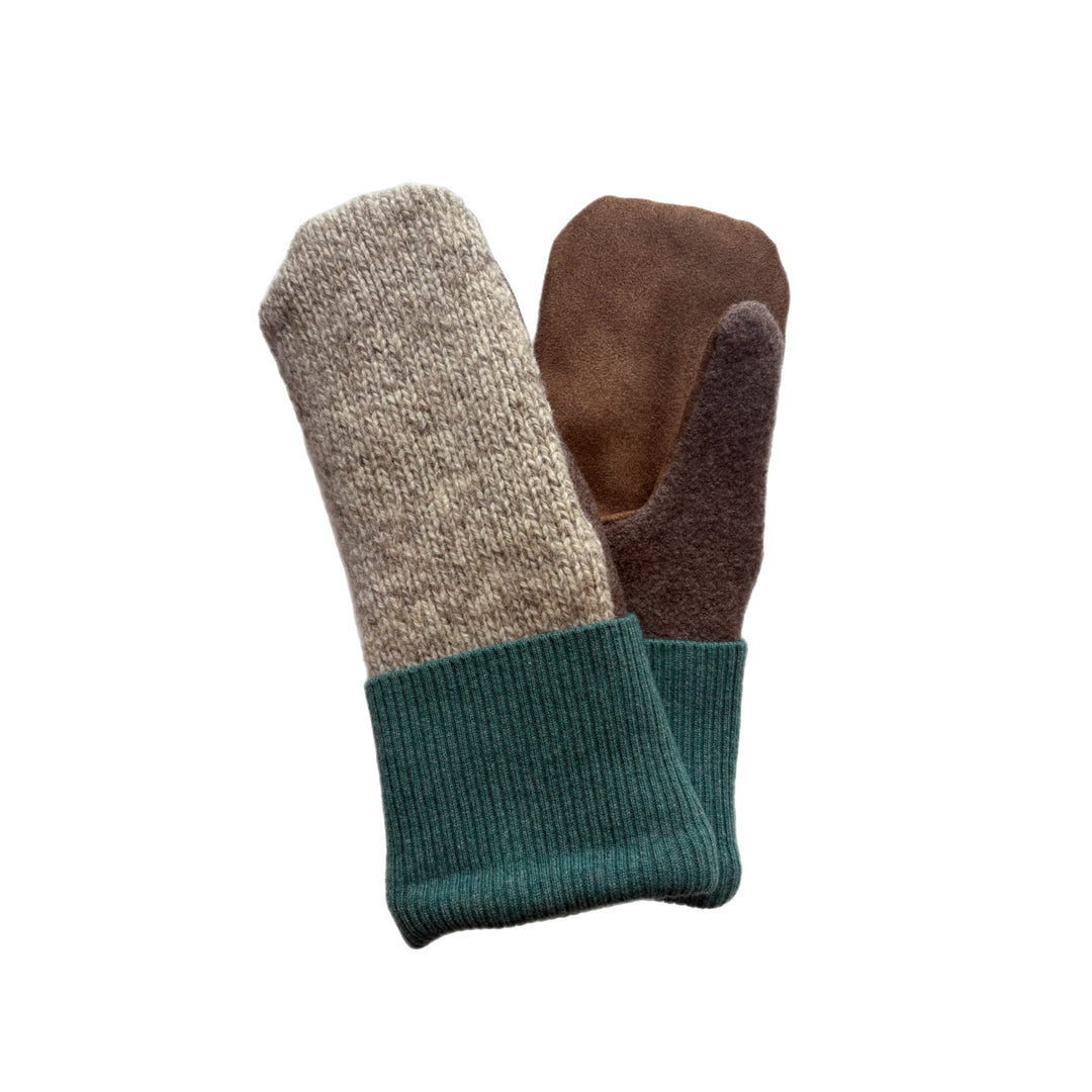 Men's Driving Mittens - Heather Beige & Green with Chocolate Micro-Suede Palm - 204