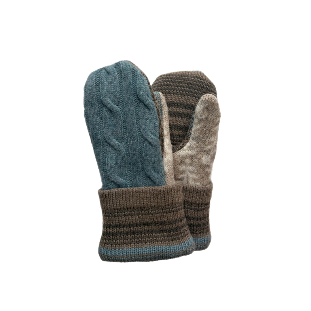 Women's Mittens - Light Blue Cable Knit with Beige & Grey - 1613 M/L 