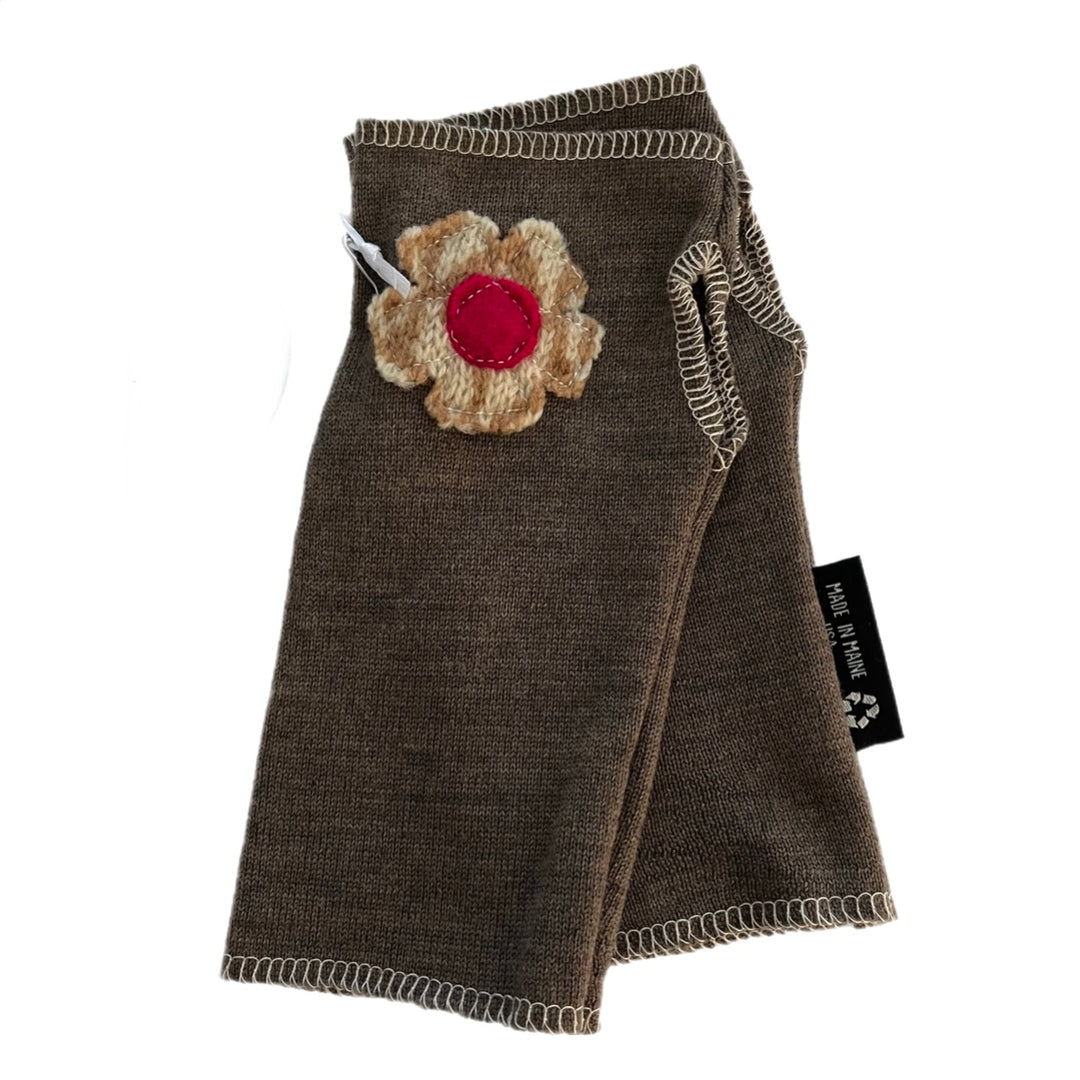 SALE Wool Short Flower Fingerless Mittens - Light Brown with Off Center Multicolor Flower - 206