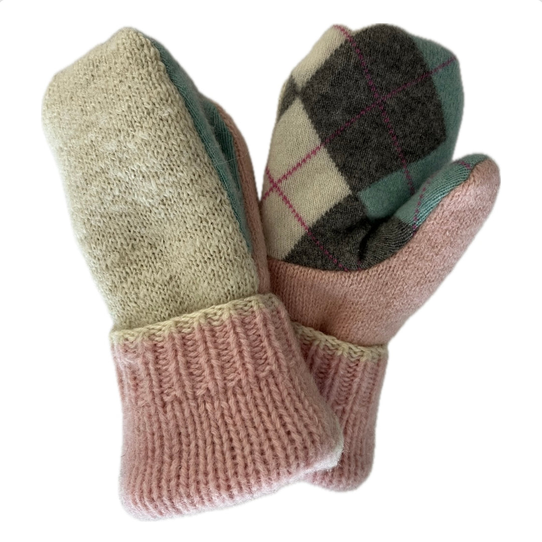 Women's Sherpa Lined Mittens - Light Pink, Cream & Turquoise Argyle - 611