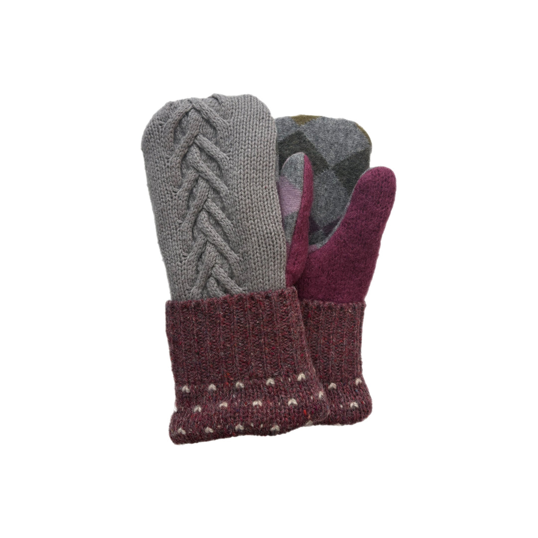 Women's Mittens - Maroon Pattern & Grey Cable Knit - 1597 M/L