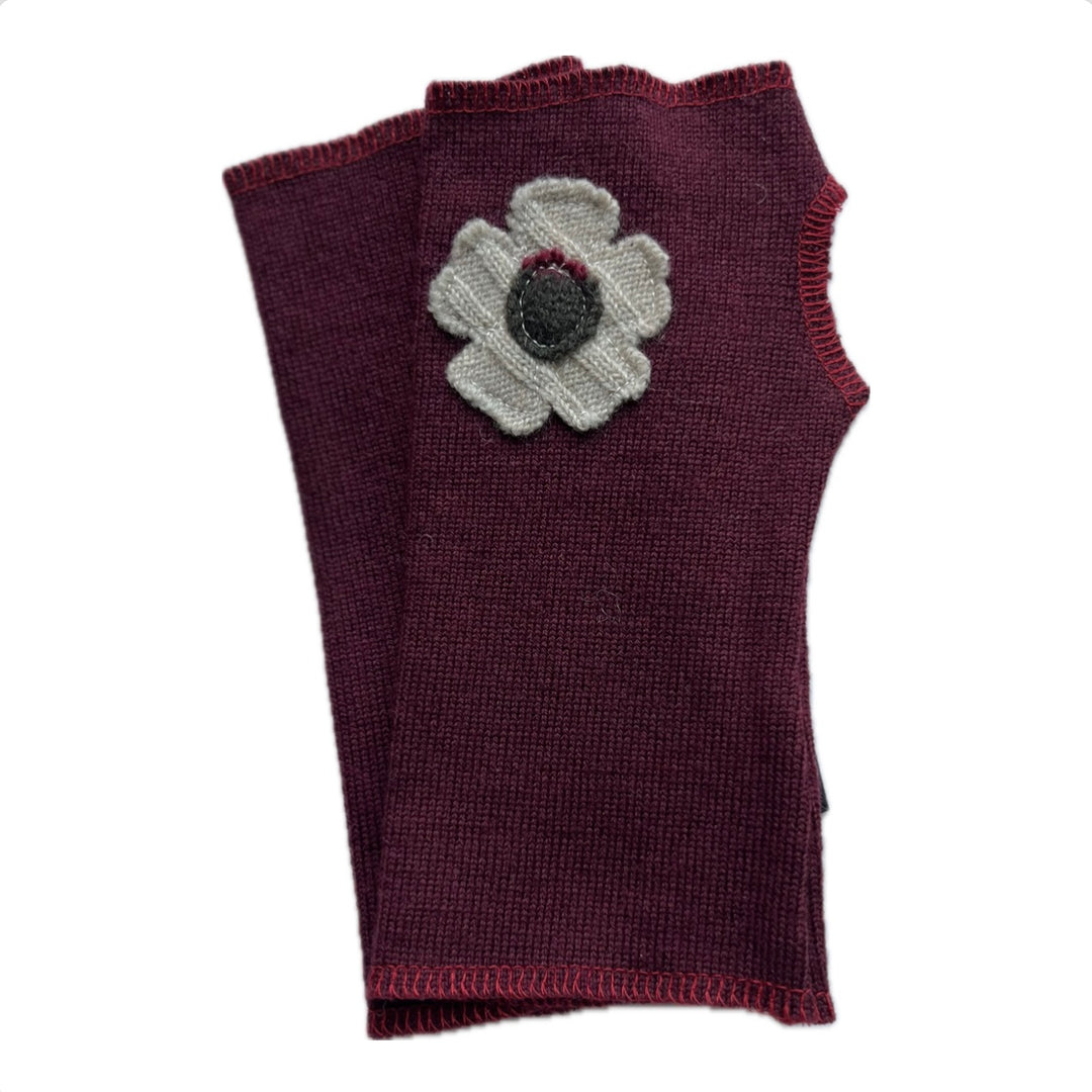 SALE Wool Short Flower Fingerless Mittens - Maroon with Off Center Cream Flower - 220