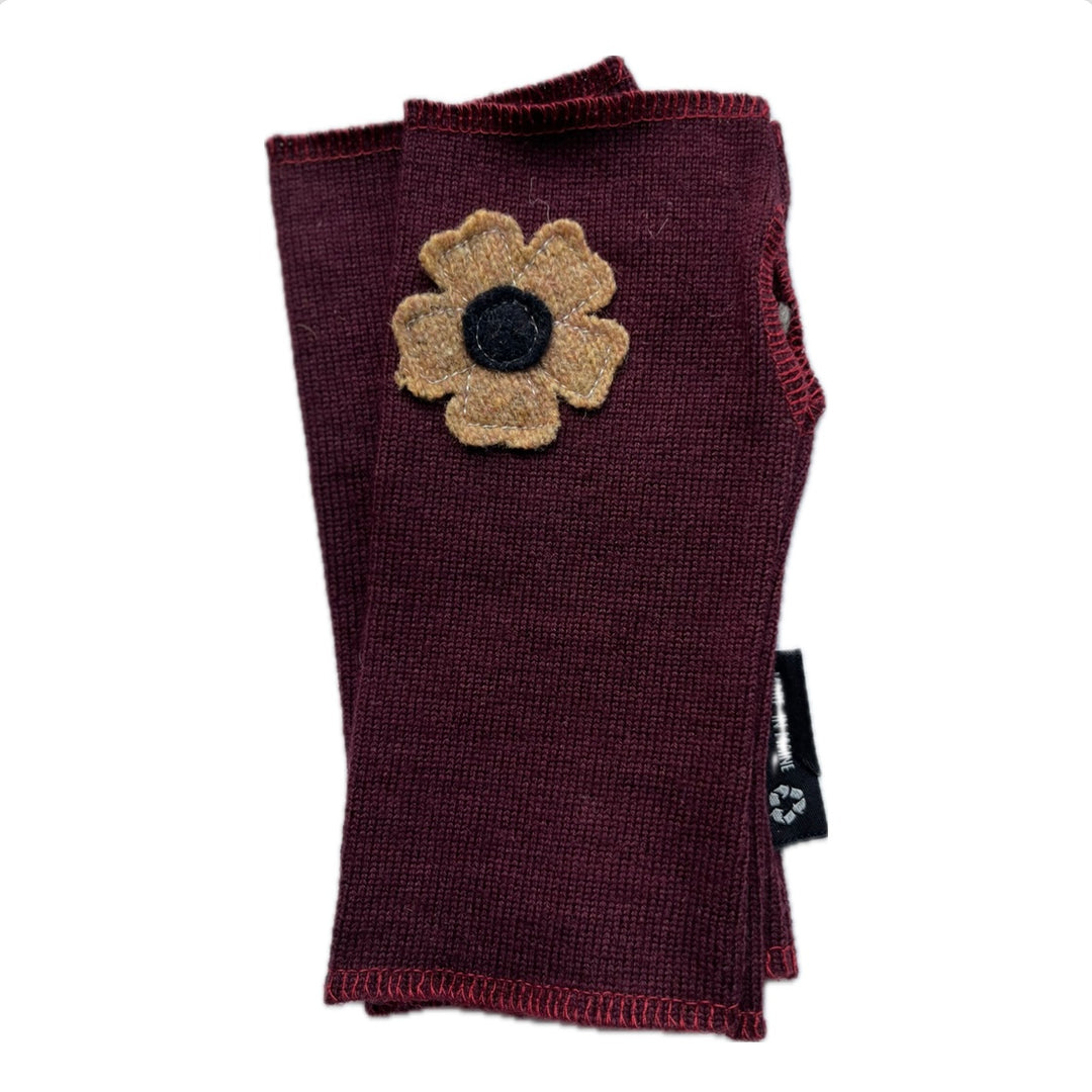 SALE Wool Short Flower Fingerless Mittens - Maroon with Off Center Pale Yellow Flower - 222