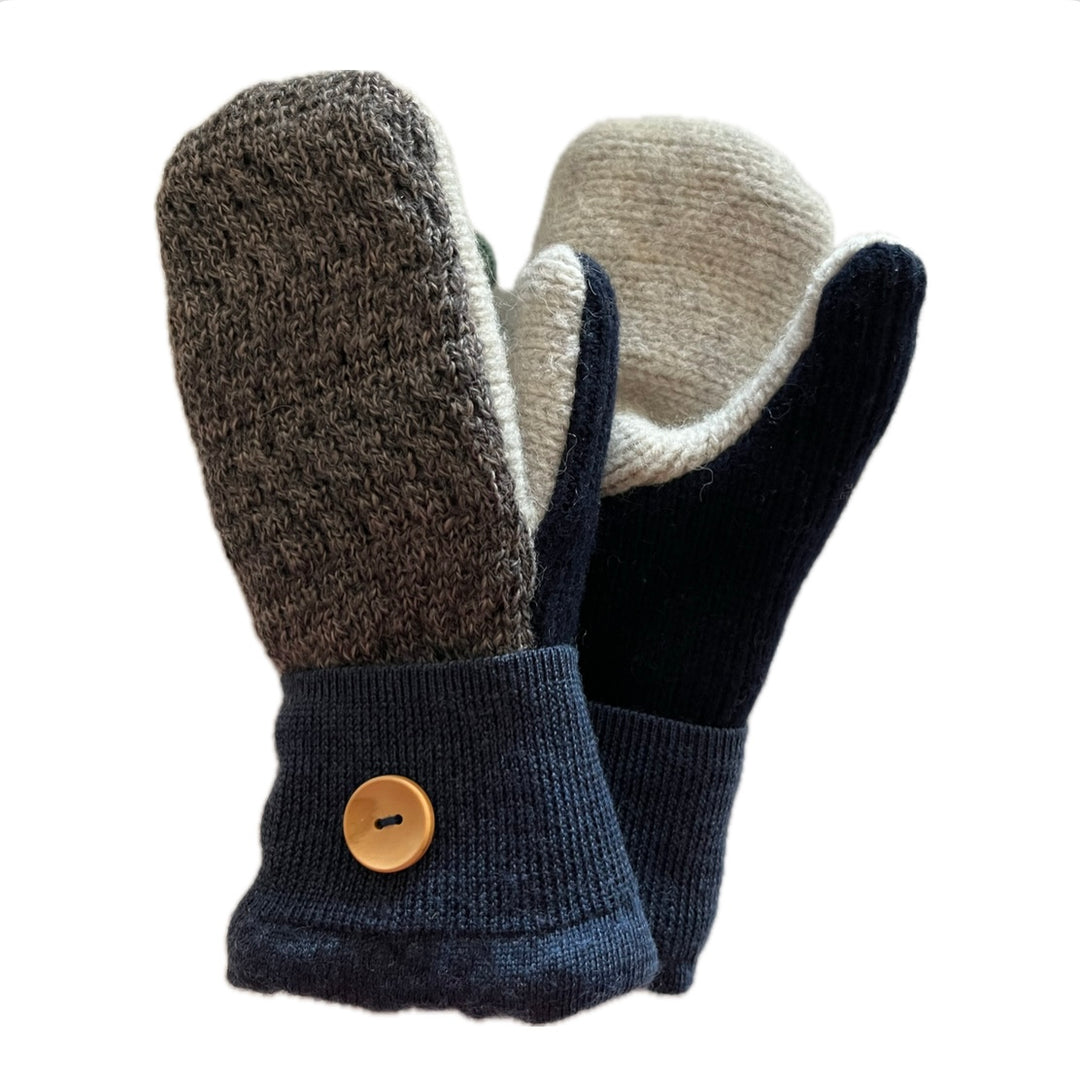 Women's Mittens Small with Buttons - Navy & Cream - 572